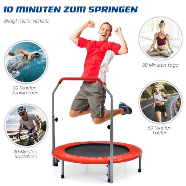 Ø101 cm sammenleggbar mini trampoline med høydejusterbart håndtak fitness trampoline rød
