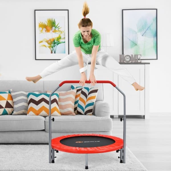 Ø101 cm sammenleggbar mini trampoline med høydejusterbart håndtak fitness trampoline rød
