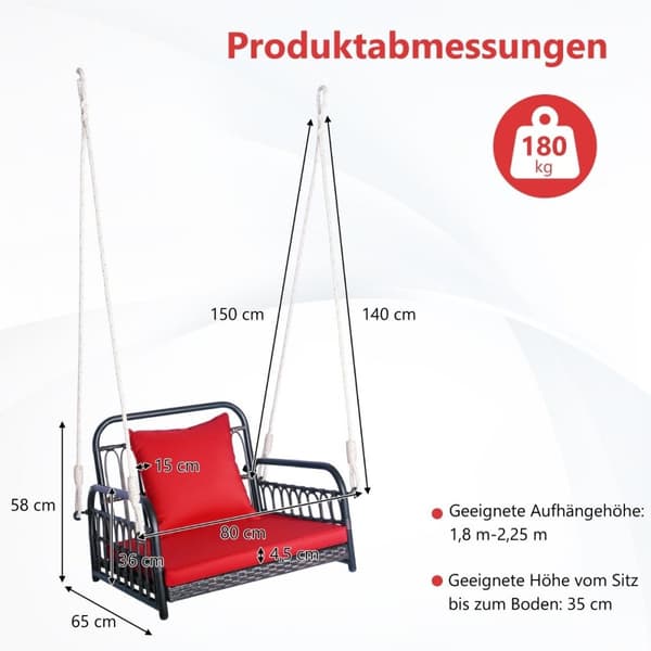 Hengestol, terrassehuske, kan holde opptil 180 kg, hengende sete med sete og ryggputer 80 x 65 x 58 cm
