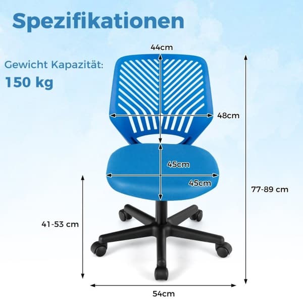 Työtuoli lapsille käsivarreton lasten työtuoli 54 x 54 x 77-89 cm sininen