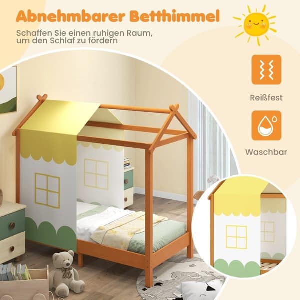 Barneseng med tak og avtagbar sengehimmel og 12 lameller i heltre gulv sengeramme