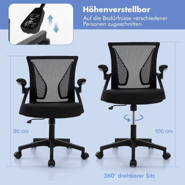 Ergonomisk kontorstol med sammenleggbare armlener Medium Back Skrivebordsstol 57 x 63 x 90-100cm Svart