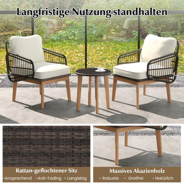 3-delt terrassemøbelsett i rotting hagesett 2 kurvstoler og sidebord og puter i glass