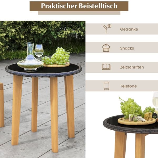 3-delt terrassemøbelsett i rotting hagesett 2 kurvstoler og sidebord og puter i glass