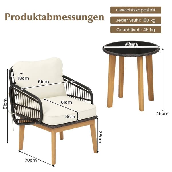 3-delt terrassemøbelsett i rotting hagesett 2 kurvstoler og sidebord og puter i glass