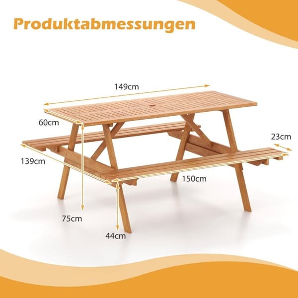 Piknikbord for 6 personer, rektangulært hagebord med 2 integrerte benker og paraplyhull 150 x 139 x 75 cm naturlig