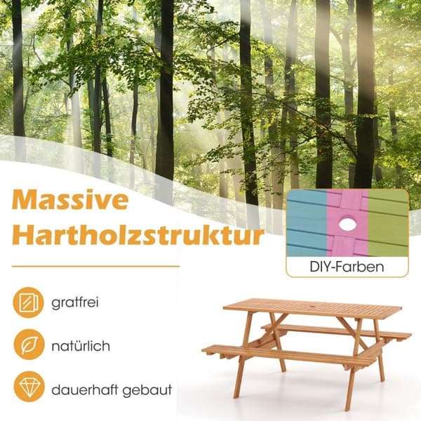 Piknikbord for 6 personer, rektangulært hagebord med 2 integrerte benker og paraplyhull 150 x 139 x 75 cm naturlig
