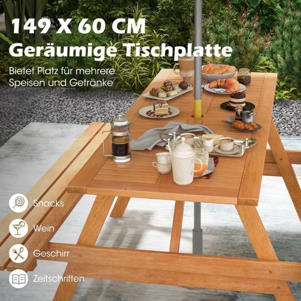 Piknikbord for 6 personer, rektangulært hagebord med 2 integrerte benker og paraplyhull 150 x 139 x 75 cm naturlig