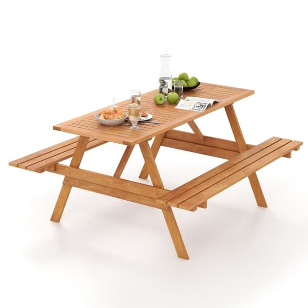 Piknikbord for 6 personer, rektangulært hagebord med 2 integrerte benker og paraplyhull 150 x 139 x 75 cm naturlig