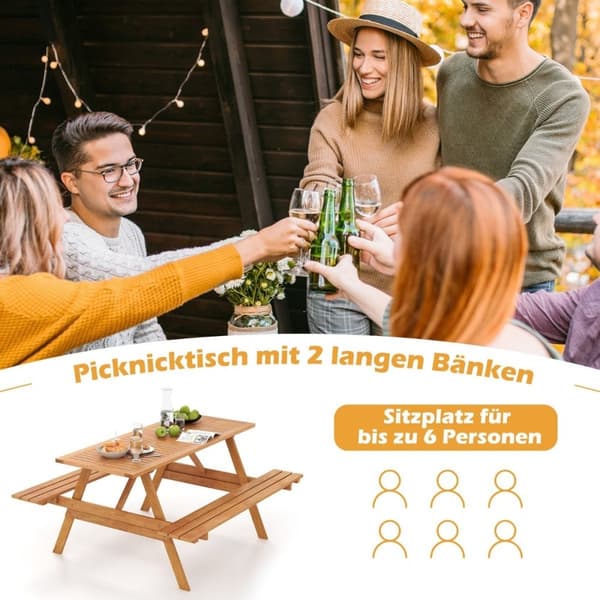 Piknikbord for 6 personer, rektangulært hagebord med 2 integrerte benker og paraplyhull 150 x 139 x 75 cm naturlig
