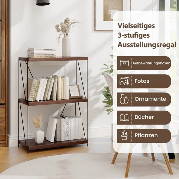 3-lags stående hylle med metallramme Industriell bokhylle oppbevaringsstativ 60 x 29,5 x 85,5 cm