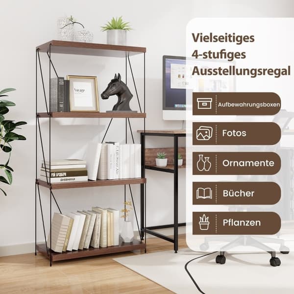 4-lags stående hylle med metallramme Industriell bokhylle Oppbevaringsstativ 60 x 29,5 x 105 cm