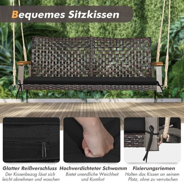 2-sits gungbänk med kuddar PE rotting hängbänk upp till 360 kg trädgårdsgunga svart