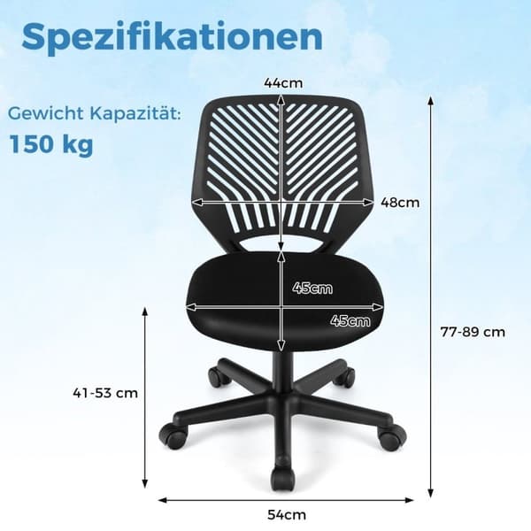 Skrivebordsstol for barn armløs barnestol 54 x 54 x 77-89 cm svart
