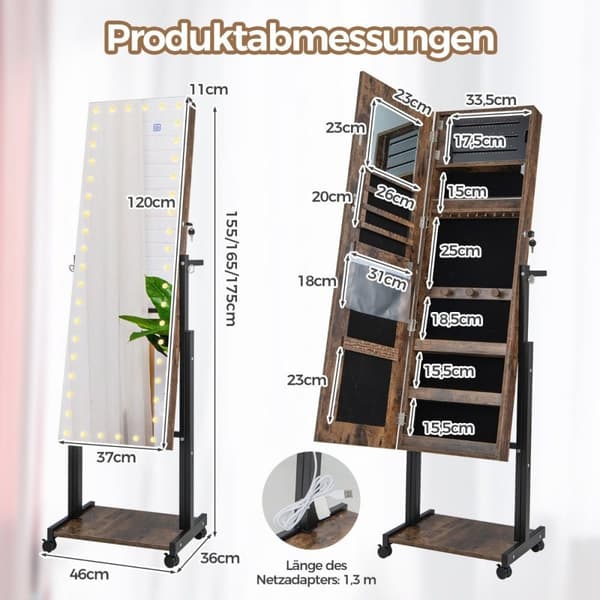 Smykkeskap med hjul 4 i 1 speilskap med 3-farge LED-lys og justerbar høyde brun