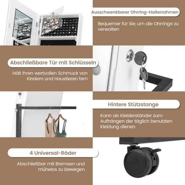 Smykkeskap med hjul 4 i 1 speilskap med 3-farge LED-lys og justerbar høyde hvit