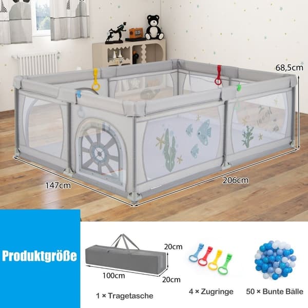Babykravlegård med 50 bolde & 2 døre & åndbart mesh & lynlås grå fisk