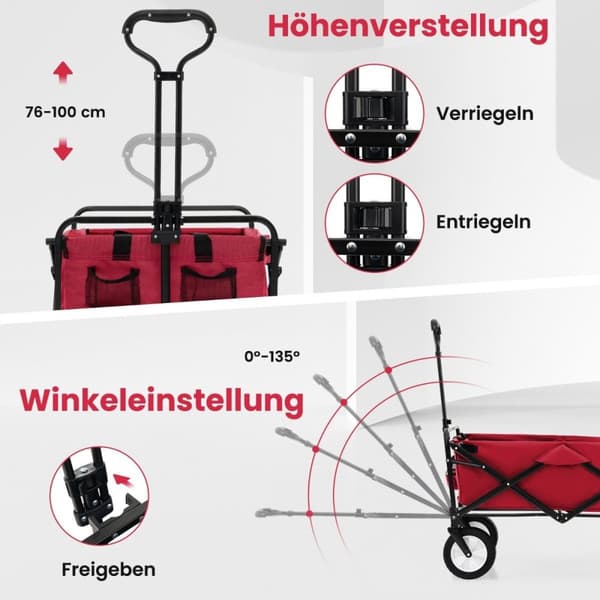 Sammenleggbar vogn med justerbart håndtak og koppholdere kan holde opptil 68 kg for shopping, camping, rød