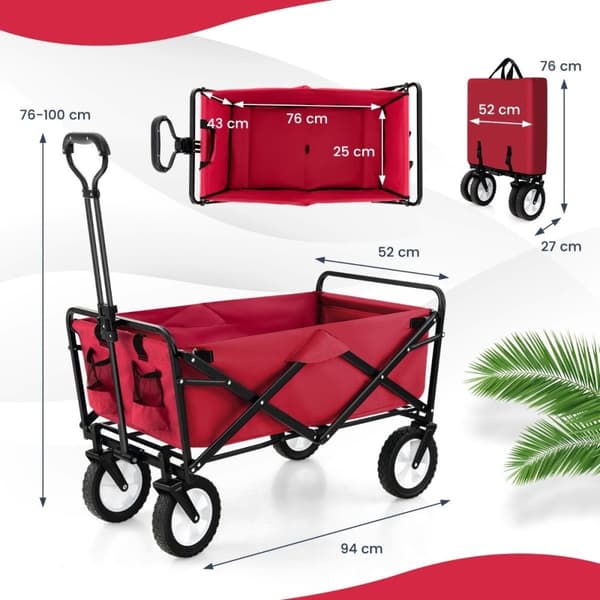 Sammenleggbar vogn med justerbart håndtak og koppholdere kan holde opptil 68 kg for shopping, camping, rød