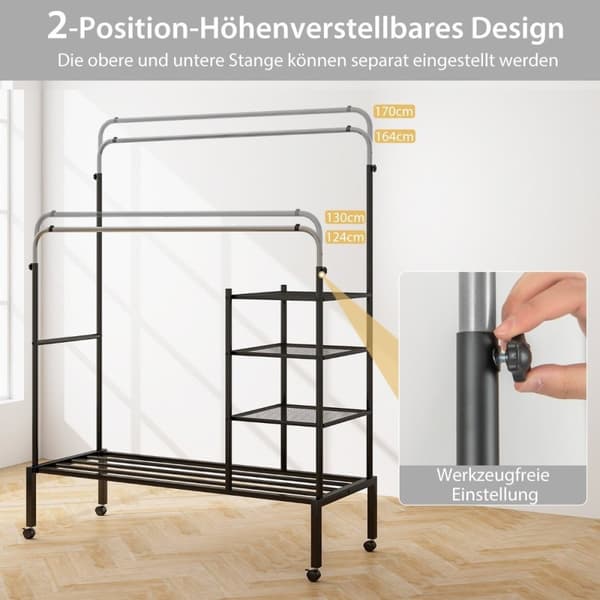 Tøjstativ med 2 bøjler, tøjstativ på hjul, knageholder, højdejusterbar 135 x 54 x 170cm sølv