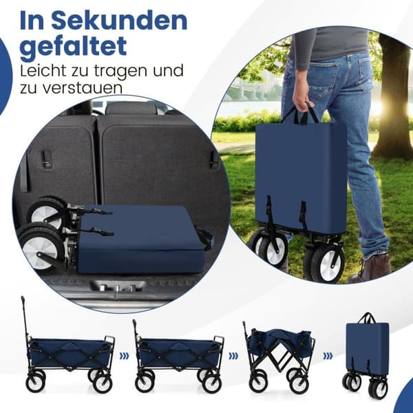 Sammenleggbar vogn med justerbart håndtak og koppholdere kan holde opptil 68 kg for shopping, camping, marineblå