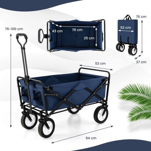 Sammenleggbar vogn med justerbart håndtak og koppholdere kan holde opptil 68 kg for shopping, camping, marineblå