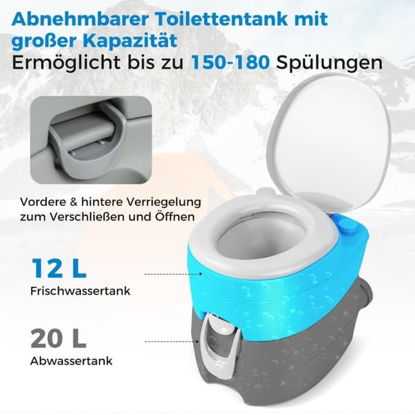 20 litran kannettava wc irrotettavalla jätesäiliöllä ja vuotamattomalla istuimella ja huuhtelupumpulla harmaa