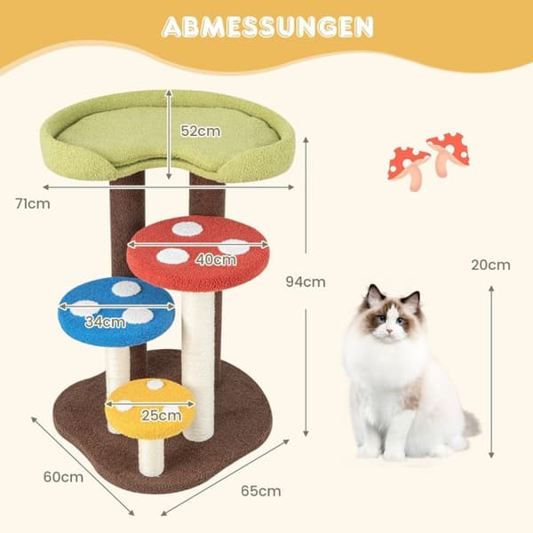 Kradsestolpe i svampelook, 5-etagers kattetræ med 3 sisalstolper, lille klatretræ af teddystof, 60 x 65 x 94 cm, farverig