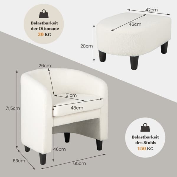 Moderne rund lenestol med ottomansk polstret klubbstol med fotstøtte beige