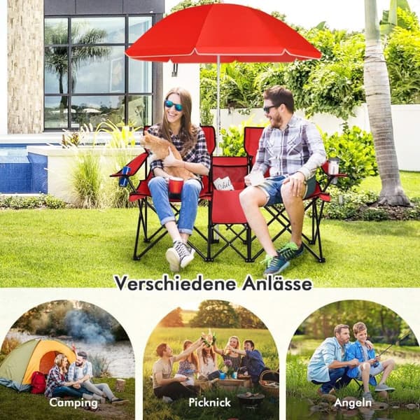 2-personers campingstol med parasol sammenklappelig fiskestol med bæretaske rød