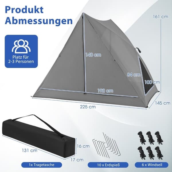 Pop up-telt for 2-3 personer 360° ensidig gjennomsiktig familietelt 225 x 145 x 161 cm grå