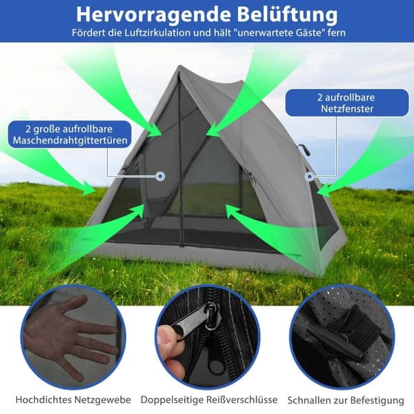 Pop up-telt for 2-3 personer 360° ensidig gjennomsiktig familietelt 225 x 145 x 161 cm grå