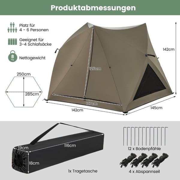 Pop up-tält för 4-6 personer campingtält med kapell vattentätt familjetält 285 x 250 x 147 cm olivgrönt