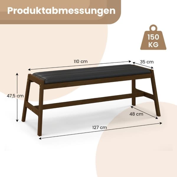 127 cm gummitræ bænk med sædehynde lavet af imiteret læder spisestuebænk polstret bænk valnød