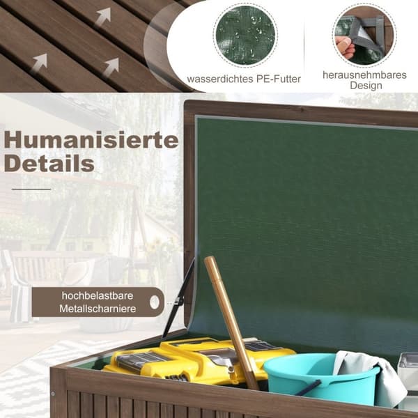 Hageboks av tre 213 L Oppbevaringsboks med hjul Puteboks med vanntett PE-fôr 114 x 58,5 x 51 cm Brun
