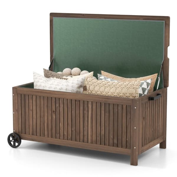 Hageboks av tre 213 L Oppbevaringsboks med hjul Puteboks med vanntett PE-fôr 114 x 58,5 x 51 cm Brun