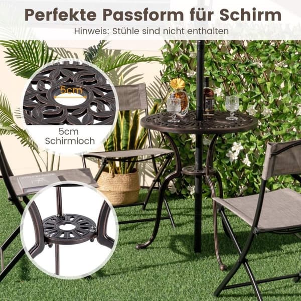 Bistrobord laget av støpt aluminium, værbestandig balkongbord med paraplyhull 61 x 61 x 71 cm kobberrød