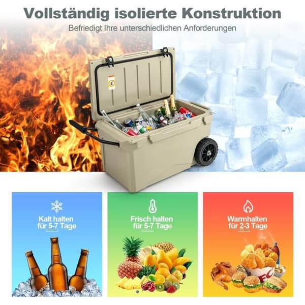 71 litran eristetty laatikko pullonavaajalla ja kahvalla ja pyörillä kannettava jäähdytyslaatikko lämpösäiliö Khaki
