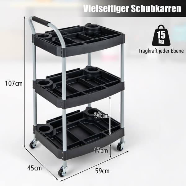 Værkstedsvogn med 3 niveauer værktøjsvogn med separate rum 59 x 45 x 107 cm sort