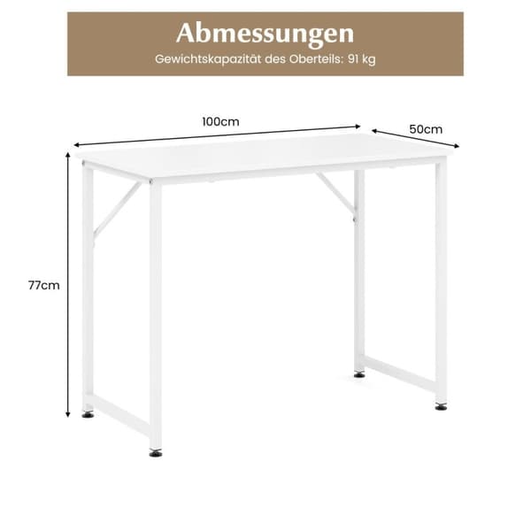 PC-bord med justerbare fotputer, kompakt datamaskinbord, 100 x 50 x 77 cm, hvit