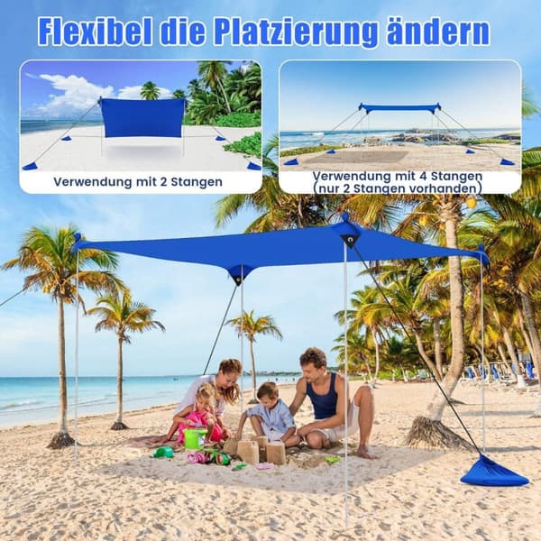 Strandtelt 230 x 200 cm UPF 50+ soltelt med sandankere, sandsekker og 2 støttestenger blå