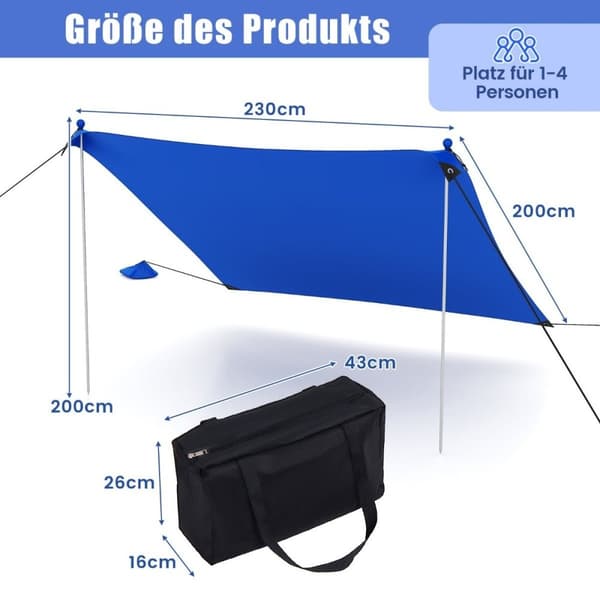 Strandtelt 230 x 200 cm UPF 50+ soltelt med sandankere, sandsekker og 2 støttestenger blå