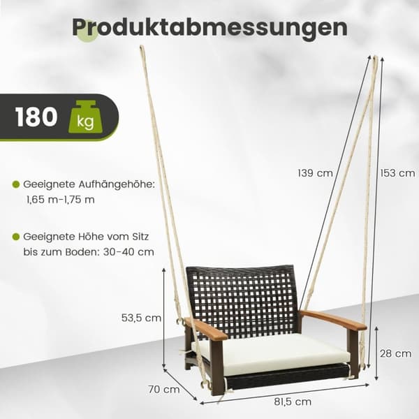 Verandahuske laget av enkelthengende rottingsete av flettet med sittepute 81,5 x 70 x 53,5 cm
