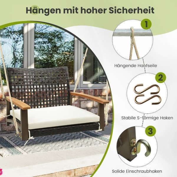 Verandahuske laget av enkelthengende rottingsete av flettet med sittepute 81,5 x 70 x 53,5 cm
