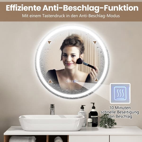 Badeværelsesspejl med anti-dug ur touch-afbryder & hukommelsesfunktion spejlvarme LED-spejl kan dæmpes 3000K-6000K 60 x 60 cm