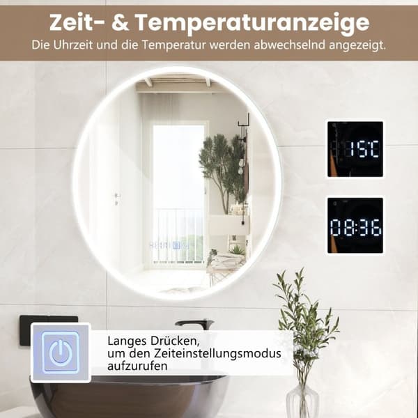 Badeværelsesspejl med anti-dug ur touch-afbryder & hukommelsesfunktion spejlvarme LED-spejl kan dæmpes 3000K-6000K 60 x 60 cm