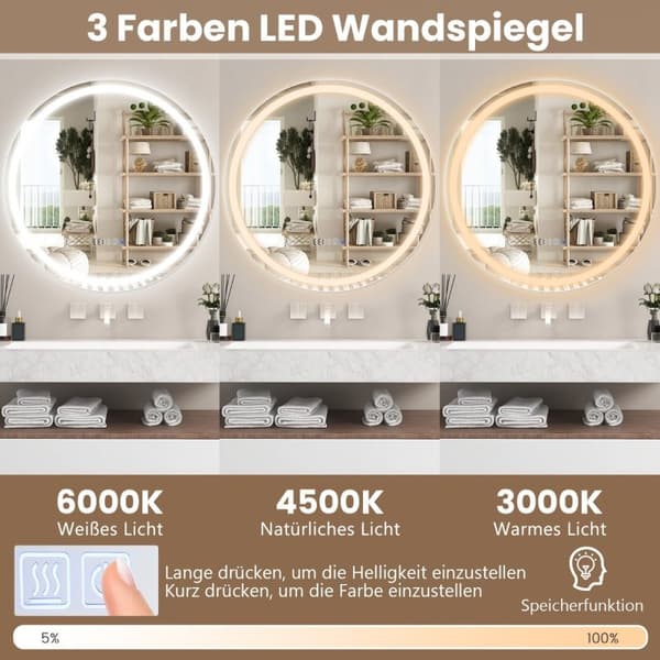 Badeværelsesspejl med anti-dug ur touch-afbryder & hukommelsesfunktion spejlvarme LED-spejl kan dæmpes 3000K-6000K 60 x 60 cm