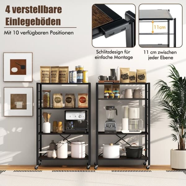 Serveringsvagn hopfällbar 4-vånings köksvagn med avtagbara hjul 76 x 36 x 122 cm svart + rustik brun