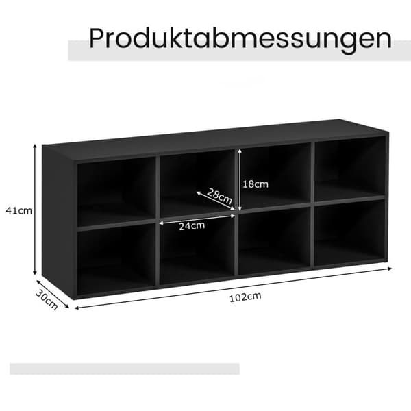 Skobenk i tre med sete og 8 åpne rom, 230 kg lastekapasitet, skoskap, svart