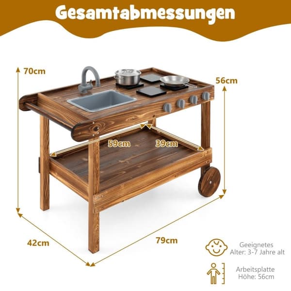 Utekjøkken med 2 hjul & 1 skyvehåndtak & roterende kran & avtagbar vask i gran